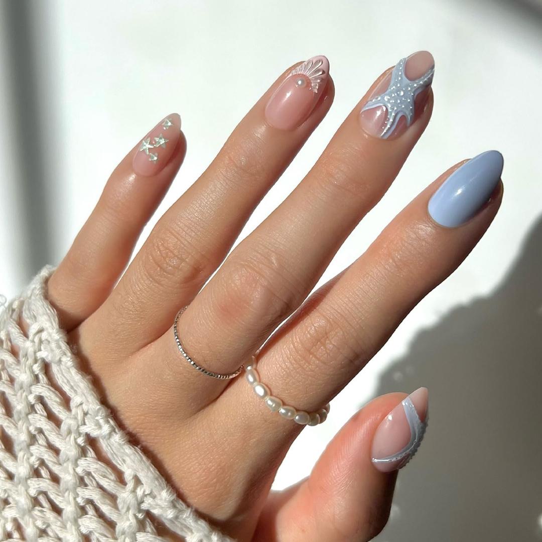 Glamnetic Press On Nails - Salty Waves | Short Almond Starfish Fake Nails with 3D Nail Art, Salon Quality Summer Nails | 15 Sizes - 30 Nail Kit with Glue