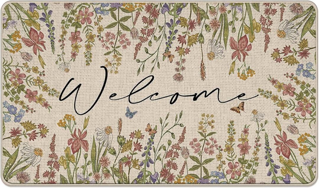 Spring Summer Floral Welcome Front Door Mat, Vintage Flower | Wildflower Decorative Doormat Non-Slip Floor Entryway Rug, Botanical Farmhouse Indoor Outdoor Home Kitchen Decoration