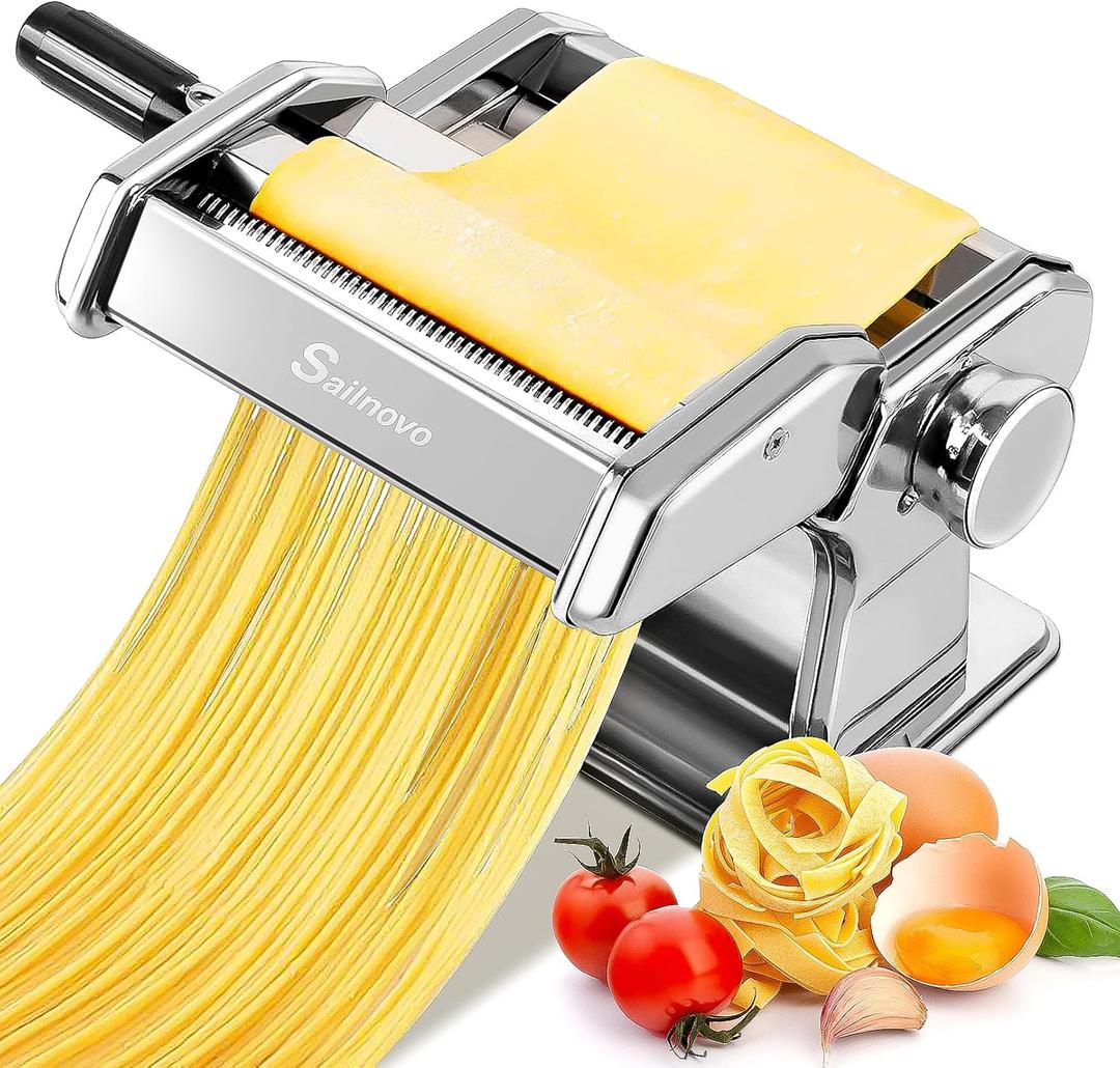 Sailnovo Pasta Maker Machine, 180 Roller Pasta Maker, 9 Adjustable Thickness Settings 2-in-1 Noodles Maker with Rollers and Cutter, Perfect for Spaghetti, Fettuccini, Lasagna or Dumpling Skin Silver