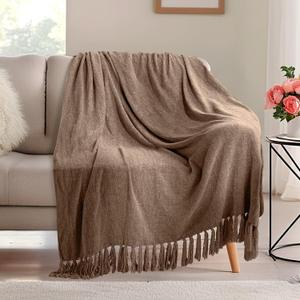 KASENTEX Chenille Throw Blanket for Couch, Lightweight 50x60in Soft Throw Blanket with Fringe Tassel for Sofa Chair Bed, Knitted Decorative Boho Blankets for Gift, Cozy Warm All Season, Brown (Throw 50x60in, Brown)