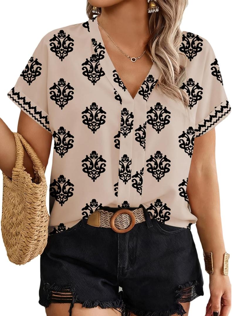 Eytino Womens Plus Size Tops V Neck Short Sleeve Blouses, 2X Khaki