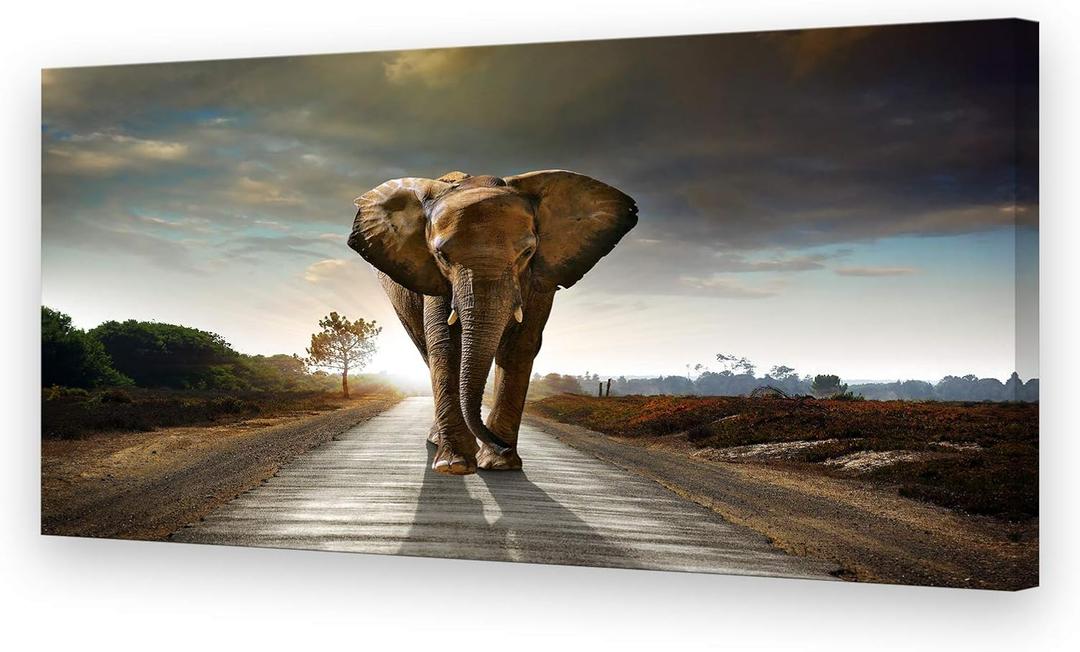 Muolunna D1275 Elephant Canvas Prints Wall Art Animals Photo Pictures Painting on Canvas Decor for Living Room Bedroom Home Office kitchen Wall Decor Stretched and Framed Grey Landscape Artwork (58L" x 29W")