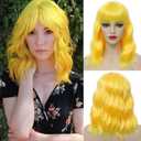 Yellow Wig with Bangs Short Bob Wavy Wig for Women Shoulder Length Loose Wavy Synthetic Colorful Bob Wigs for Girl Costume Cosplay Wig
