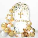God Bless Arch Cover Backdrop First Holy Communion Christening Party Backdrop 6FT Double Printed Cover Yellow Garland Stretchy Back Cover Spandex Cover Photography Backdrop Photo Booth