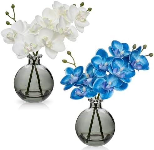 Oairse Blue and White Orchids Artificial Flowers Faux Orchid Arrangement with Black Glass Vase Set of 2 Real Touch Phalaenopsis Orchid Flowers Orchids Centerpiece for Dining Room Table