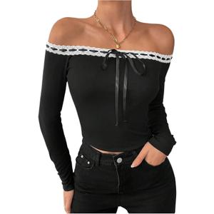 SOLY HUX Women's Off The Shoulder T Shirt Y2k Bow Lace Trim Tee Long Sleeve Going Out Crop Tops (Black, S)