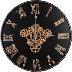 24 Inch Black Large Round Vintage Industrial Wall Clock with Real Moving Gears, Black Roman Numeral, Battery Operated, Silent, Farmhouse Decor for Home, Office, Living Room, Bedroom
