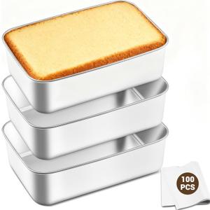 Bestdin 3 Pieces Rectangle Cake Pan Set - 8.7×5.7×2.4 inch, Stainless Steel Cake Pans with 100 Parchment Papers, Non-Stick & Rust proof Baking Pan for Cakes & Breads, Dishwasher & Oven Safe