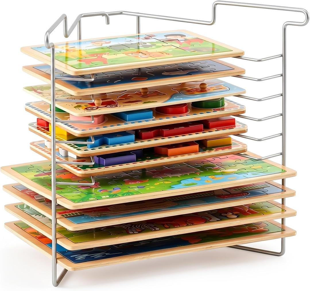 Sintuff Puzzle Organizer Rack, 10-Tier Wire Puzzle Holder for Chunky & Flat Jigsaws, Adjustable Angle Rack Fits Most 12 x 9 in Large & Small Puzzles Boards, Space-Saving Storage Shelf