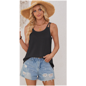 MEROKEETY Women's Summer Tank Top Casual Beach Vacation Sleeveless Spaghetti Strap Waffle Camisole Shirt (Medium, Black)
