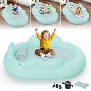 Inflatable Toddler Travel Bed - Blow Up Mattress for Kids with Waterproof Sheet Protector Portable Toddler Bed Baby Air Mattress with 3 Sides, Cozy Kids Air Mattress Set with High-Speed Pump (Green)