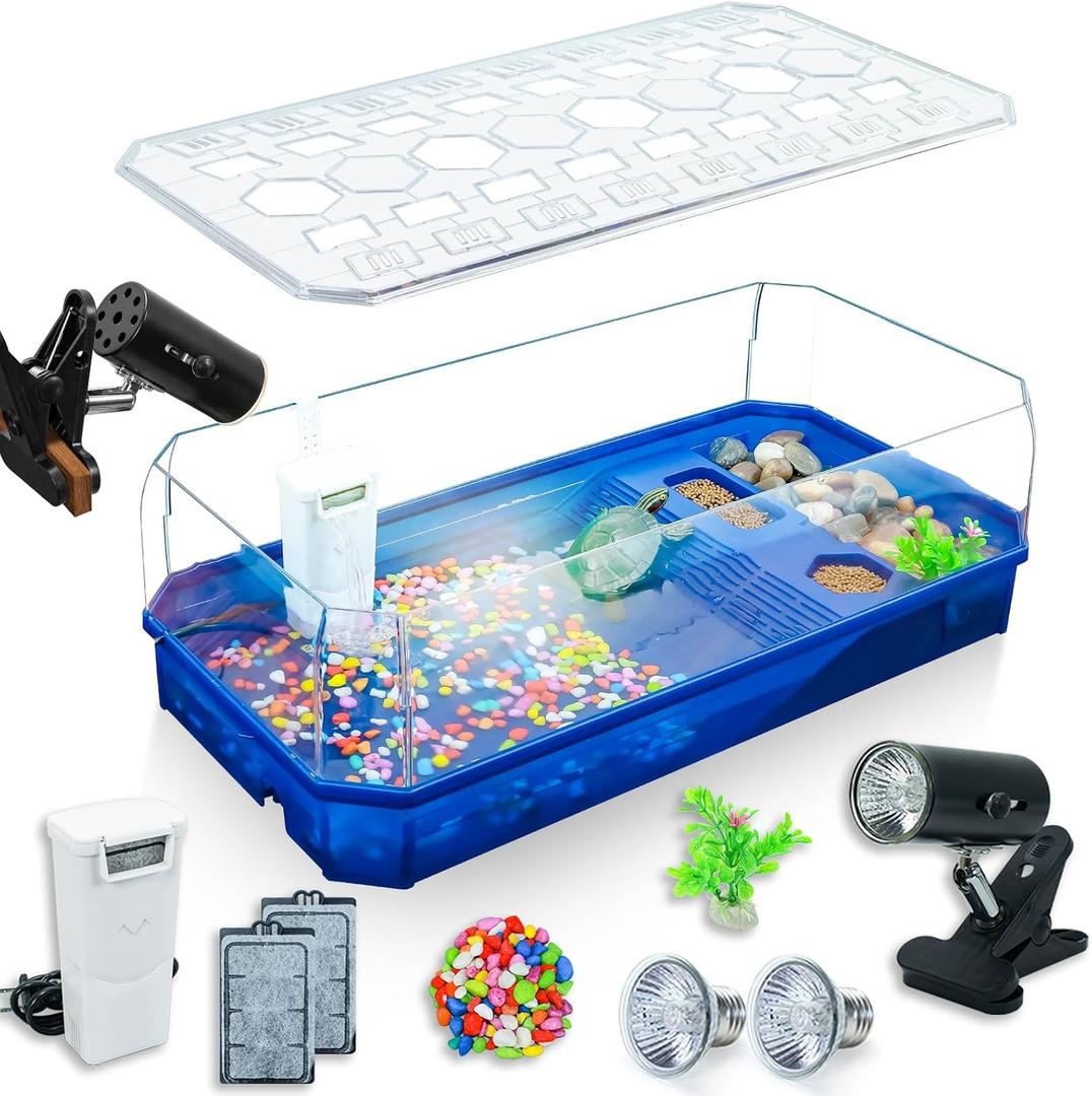 Aquatic Turtle Tank Habitat Kit Stone+Filter+Heat Lamp Enhancing Interaction with 360 Viewing, Standalone Filtration, DIY Creative Zone, Enriched Living (Blue, X-Large[with Light])