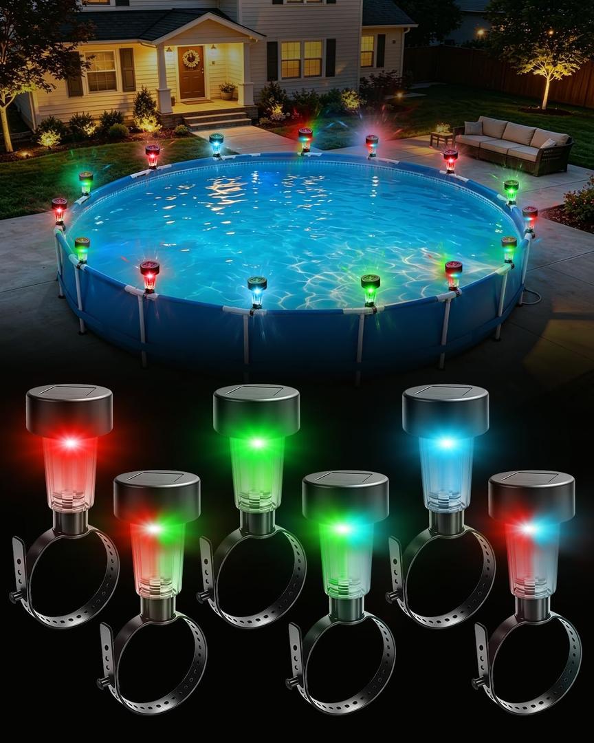 Lustaled 6 Pack Solar Pool Lights for Framed Above Ground Pools, 7 Color Changing Solar Pool Lights, Waterproof Swimming Pool LED Frame Lights with Adjustable Strap, Yard Patio Feature Enclosure Decor, φ55.0 × 91.0 mm