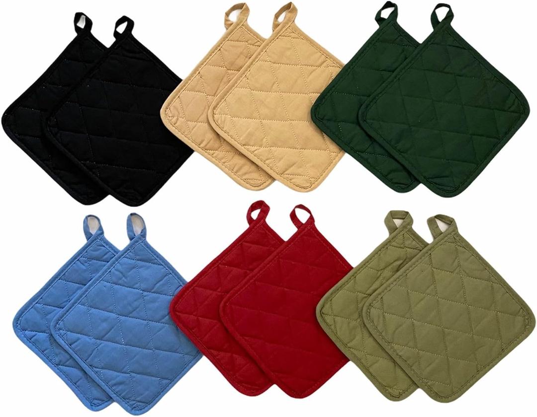12 Pack Square Pot Holders 100% Cotton Heat Resistant Hotpads for Cooking Kitchen Potholder Set Trivet for Cooking Baking Camping House with Hanging Loops, Size: 8x8inch, Machine Washable (Red, Black, Green, Moss, Blue, Beige)
