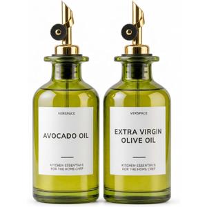 Verspace UV-Protected Green Glass Olive Oil Dispenser Bottles For Kitchen - 2 Pack - 12oz Includes 40 Kitchen Essential Labels, Avocado Oil Dispenser Set, Modern Decor for Home, Airbnb, Cafe Set of 2