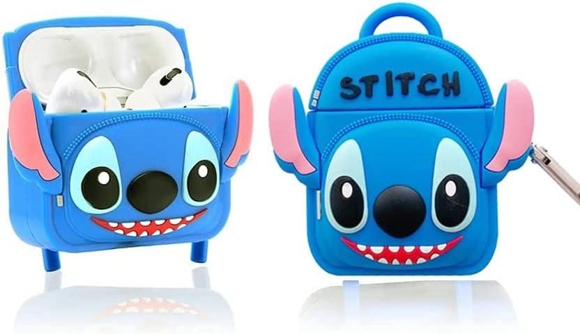for AirPods Pro Case 2019 / AirPods Pro 2 Case 2022, Cute Cartoon Stitch Backpack Design Silicone Skin Cover Shock-Absorbing Protective Case with Keychain (Blue Stitch)