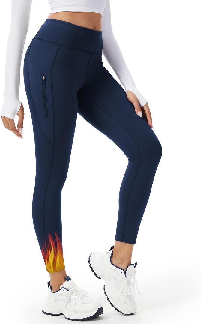 Tall Womens 32/34/36 Inseam Fleece Lined Leggings Thermal High Waisted Yoga Pants 3 Pockets Winter Warm Bottoms (Blue, L)