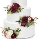 Rinlong Premade 3Pcs Cake Toppers Burgundy Flowers Cake Decorations Wedding Cake Decorating Flowers Decor Birthday Baby Shower Party Christening Christmas Cake Toppers
