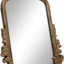 Vintage Gold Makeup Desk Mirror, Antique Traditional Vanity Table Mirror, Small Carved Arched Standing Mirrors, Adjustable Dress-up Mirrors for Tabletop, Standing or Hang, 11.8" L x 9.6" W