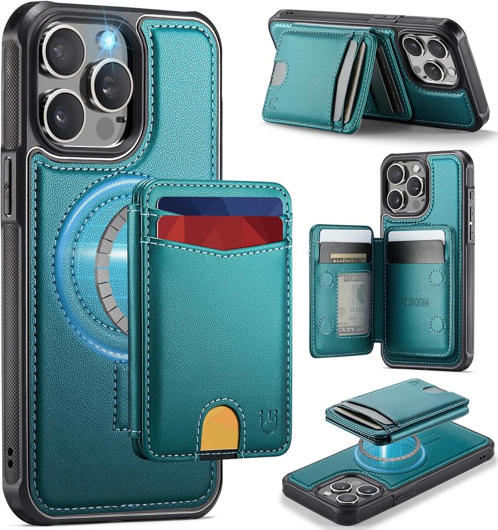 for iPhone 14 Pro Max Wallet Case Compatible with Magsafe, Magnetic RFID Blocking Card Holder Kickstand 2 in 1 Detachable Case for iPhone 14 Pro Max 6.7", Bluish Green
