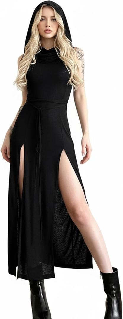 CAPE CLIQUE Rave Outfits for Women Festival Sexy Halloween Costume High Slit Sheer Gothic Dress with Hood Swimsuit Cover Ups, Medium