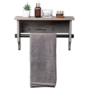 Wall Mounted Bathroom Towel Rack Torched Wood Rustic Brown Hanging Floating Shelf Industrial Black Metal Pipe Bar Restroom Organizer Robe Shampoo Body Wash Holder Clothing Kitchen Storage Home, 16"L x 5.5"W x 5"H