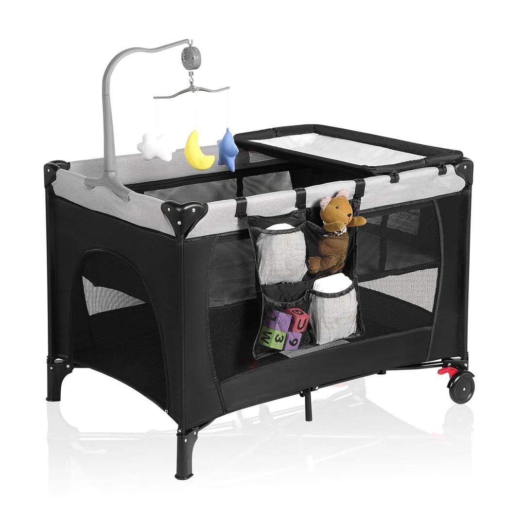 Pack and Play with Changing Table & Carry Bag, 4-in-1 Portable Crib Playpen for Newborn to Toddler, ASTM Certified Foldable Travel Crib with Bassinet(A-Black)