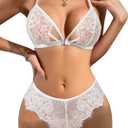 Dlsave Women Sexy Lace Lingerie Set Front Closure Eyelash Trim Bra and Panty Sets (Small)