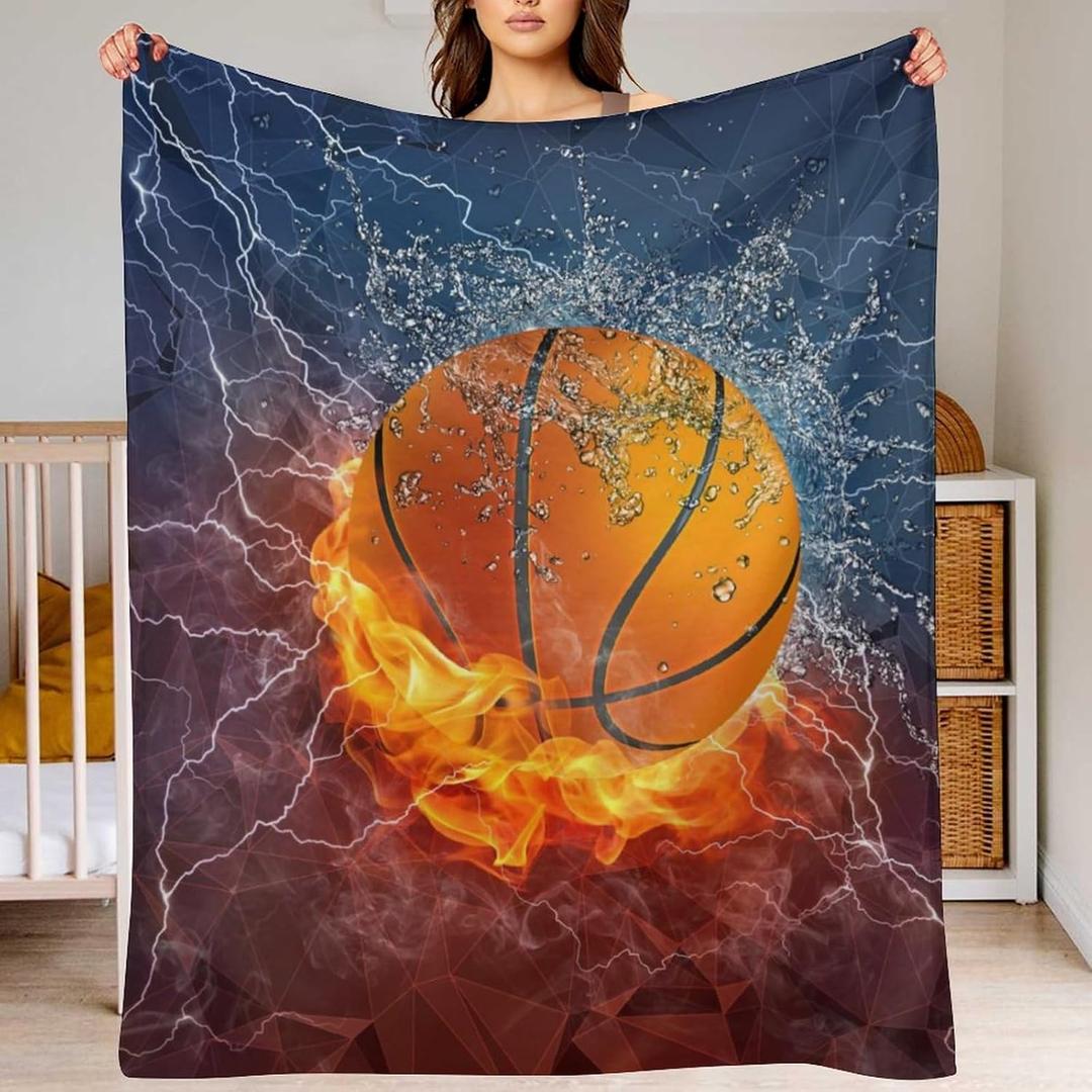 Basketball Blanket 3D Print Throw Blanket White Ball in Fire and Water Soft Blankets Baseball Gifts for Kids Boys All Season Couch Bed Sofa Home Decor (Basketball,60"50")