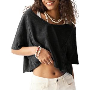 SOLY HUX Women's V Neck Short Sleeve T-Shirt Summer Drop Shoulder Loose Crop Tops