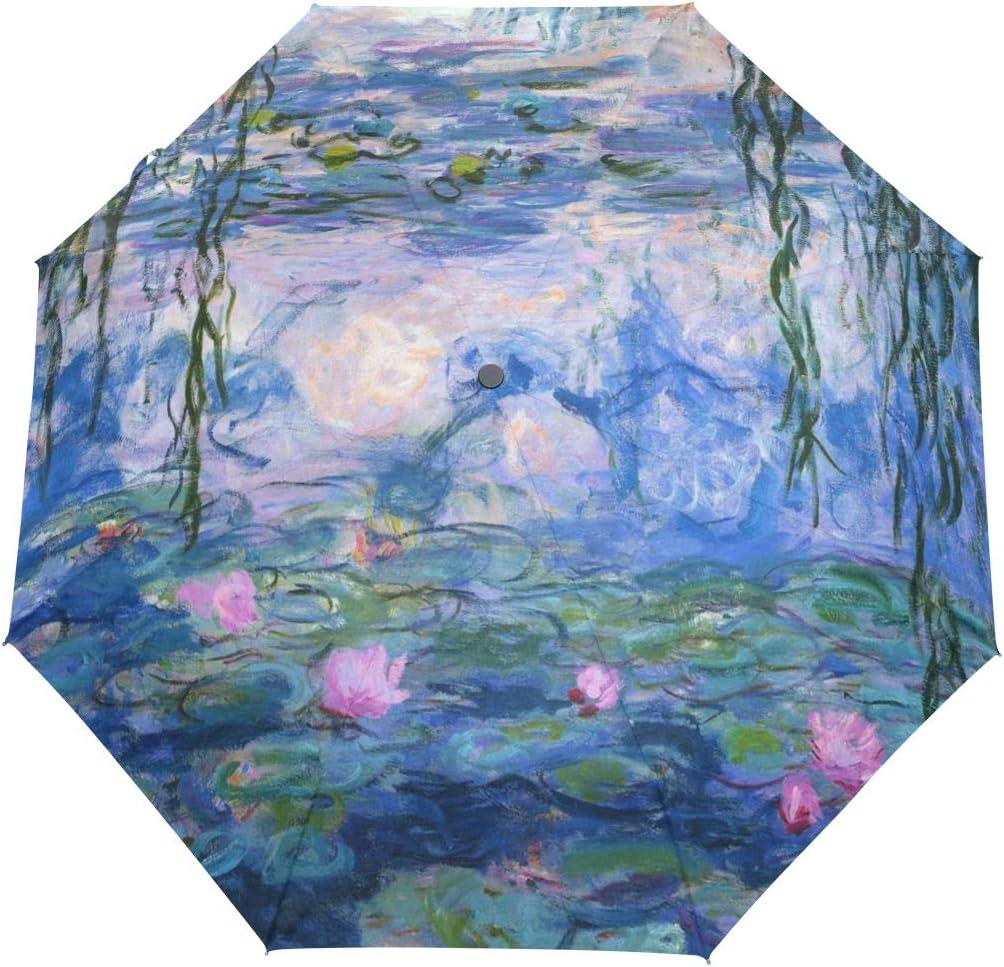 Vipsk Folding Umbrella Claude Monet Water Lilies Painting Travel Umbrella Windproof Automatic Compact Rain Travel Umbrella,Lightweight,Auto Open/Close