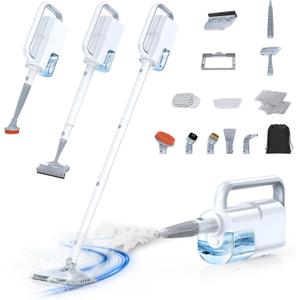 10-in-1 Steam Mop with Detachable Handheld Steamer,350ml Tank, 10s Heat-Up, 248°F Steam Cleaner, 2-Level Control and Swivel Head for Floor,Carpet,Tiles, BBQ grill,Car Accessories Clean White