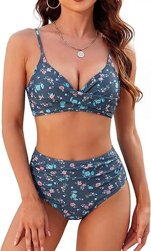 ZAFUL Women High Waisted Bikini Sets Two Piece Swimsuit Push Up Twist Front Ruched Bathing Suit, Medium, Denim Blue Floral