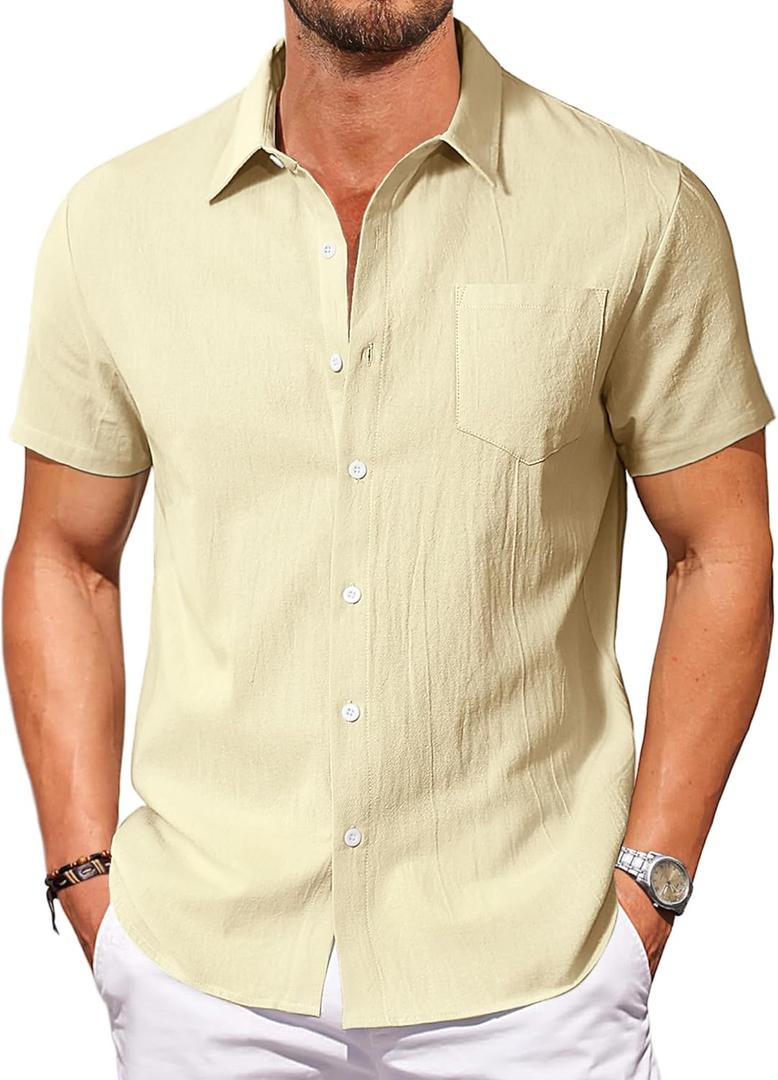 Vssjavun Mens Short Sleeve Button Down Shirts Casual Cotton Shirt Summer Beach Shirts (Beige, M)