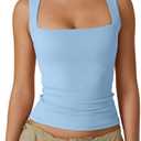 QINSEN Women's Double Layer Tank Tops Square Neck Sleeveless Basic Tight T Shirts (Blue, M)
