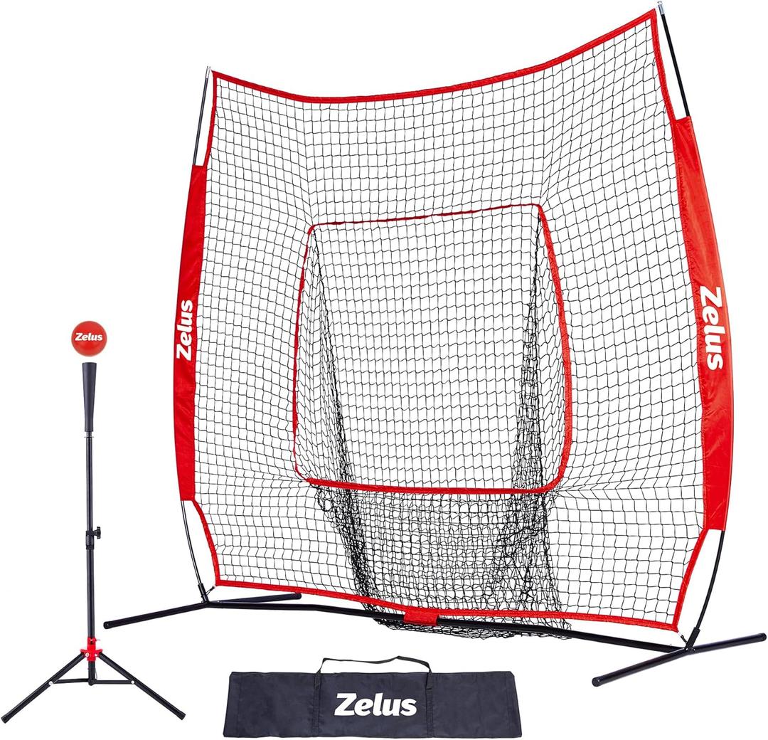 ZELUS 7x7ft Baseball Net, Baseball Softball Practice Net with Tee, Baseballs and Carry Bag for Batting Hitting and Pitching