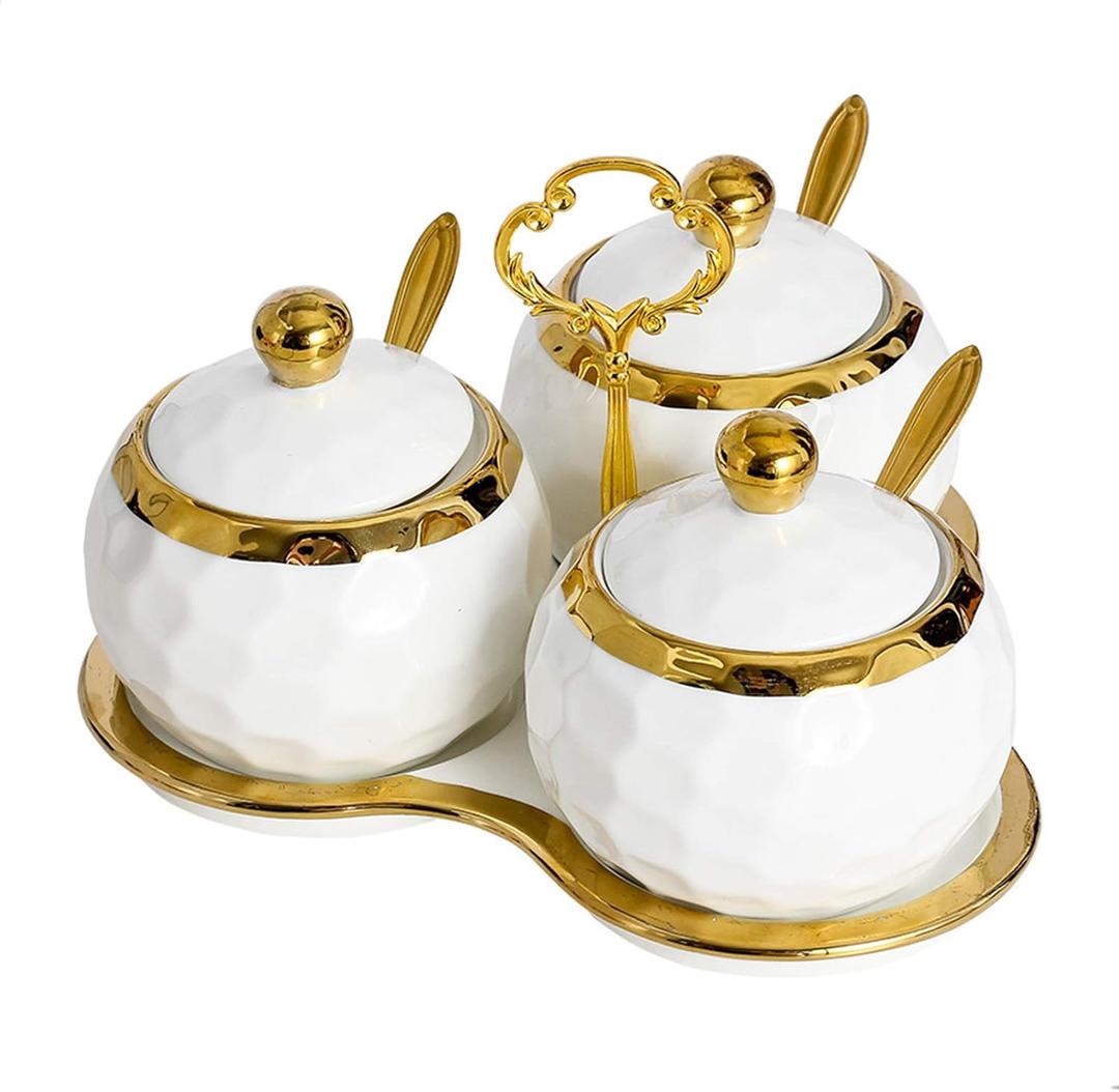 Golf Porcelain Sugar Bowl Condiment Pot Salt Container with Lid, Spoon and Tray, Set of 3, Modern Spice Box Seasoning Jar, White and Gold