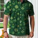 Mens 2026 ST Patricks Day Shirts Clover ST Pattys Day Funny Hat Dwarf Green Printed Short Sleeve Button Down Shirt (Green, L)