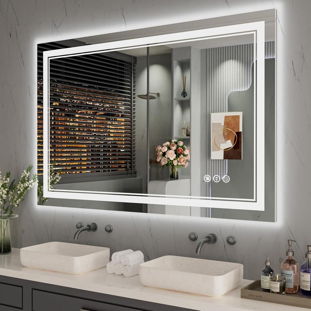 40 x 32 Inch LED Bathroom Mirror, Front Light and Backlit Anti-Fog Dimmable Memory Lighted Vanity Mirror, Shatterproof Wall-Mounted Led Mirror for Bathroom, Dual Lights