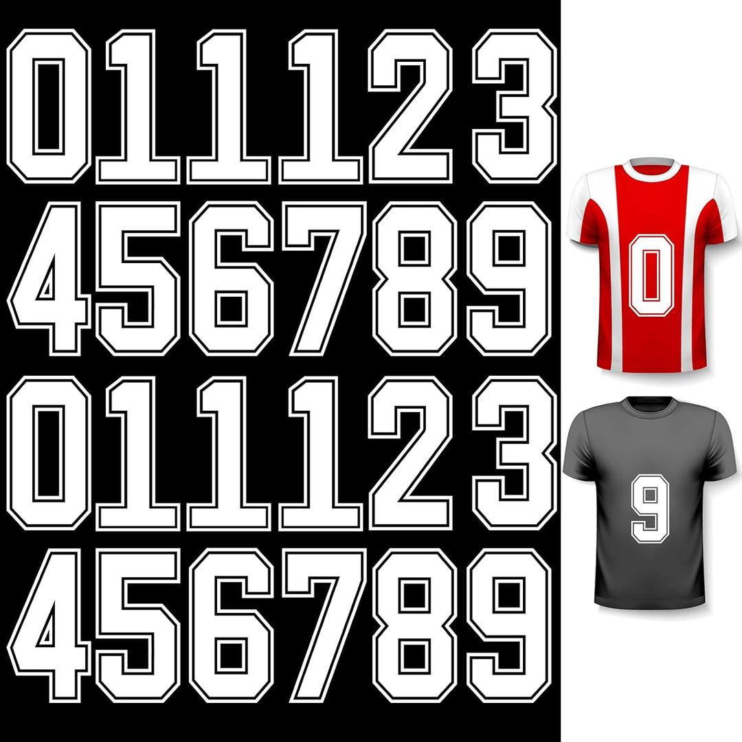 WILLBOND 24 Pcs Iron on Numbers, Jersey Heat Transfer Numbers 0 to 9 for Team Uniform Sports T-Shirt Football Basketball Baseball (White with Black Border,8 Inch)