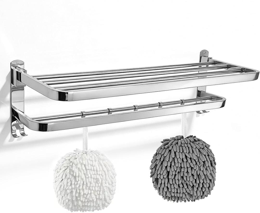 Bathroom Towel Storage Bundle: Double Foldable Rack & 2 Fluffy Hand Towels - SUS304 Stainless Steel Shelf with Super Absorbent Quick-Dry Towels, Gray & White