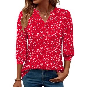 Rapbin 3/4 Length Sleeve Womens Tops 2025 Summer Fall Henley V Neck Button Down Tunic Shirts Casual Business Blouses (XL, Red Polka Dots)