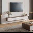 POVISON Fully Assembled Floating TV Stand with Flip-Down Cabinet Doors, 63" Walnut and White Floating Media Console, Solid Wood Floating Entertainment Center, Minimalist TV Stand