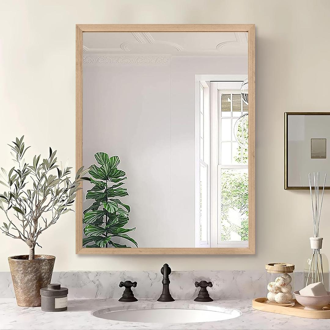 36"x28" Bathroom Mirror with Natural Wood Frame for Wall, Large Rectangle Vanity Mirror Rustic Farmhouse Decor Mirror, Anti-Rust Explosion-Proof, Hangs Horizontally or Vertically, Solid