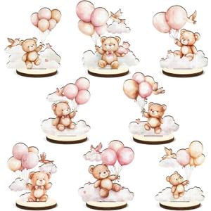 16 Pcs Wooden Baby Shower Table Centerpiece Pink Bear Tabletop Detachable Sign It's A Girl Gender Reveal Table Toppers Display Decoration Bear Birthday Photo Props Party Favor Supplies