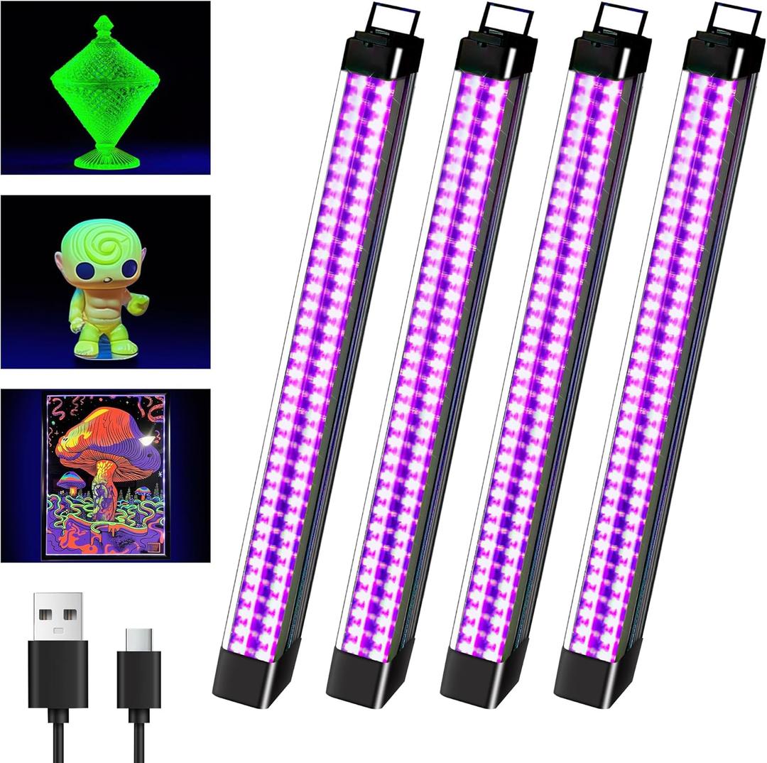 4 Pack Rechargeable Black Light Bar 10W Battery Operated Blacklight, Portable BlackLights for Glow Party Fishing