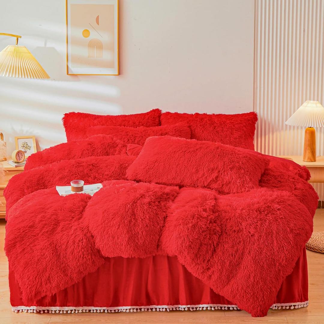 Fluffy red Faux Fur Comforter Cover Queen SetFluffy Fuzzy Plush red Bedding 3Pcs (1 Faux Fur Duvet Cover +2 Fuzzy Pillowcases) Fluffy Bed Set
