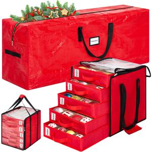 Sliner 2 Pack Christmas Storage Container Holds 100-3'' Ornaments Christmas Tree Bag Xmas Ornament Storage Box with Dividers 5 Drawer Trays Xmas Tree Bag(9 ft,Red)