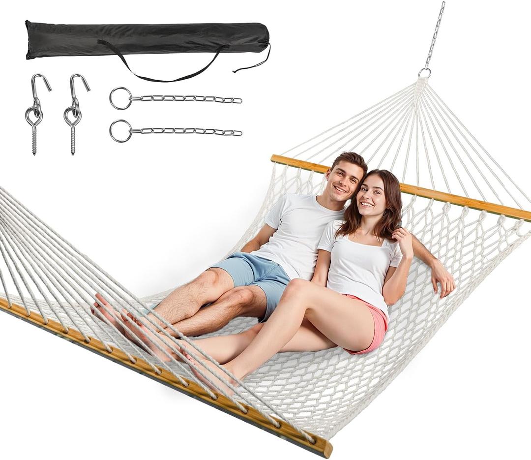 ANAGOO Double Hammock for 2 Person, Handwoven Rope Hammock with Spreader Bar Without Stand - Indoor & Outdoor Use for Patio, Poolside, Backyard (White)