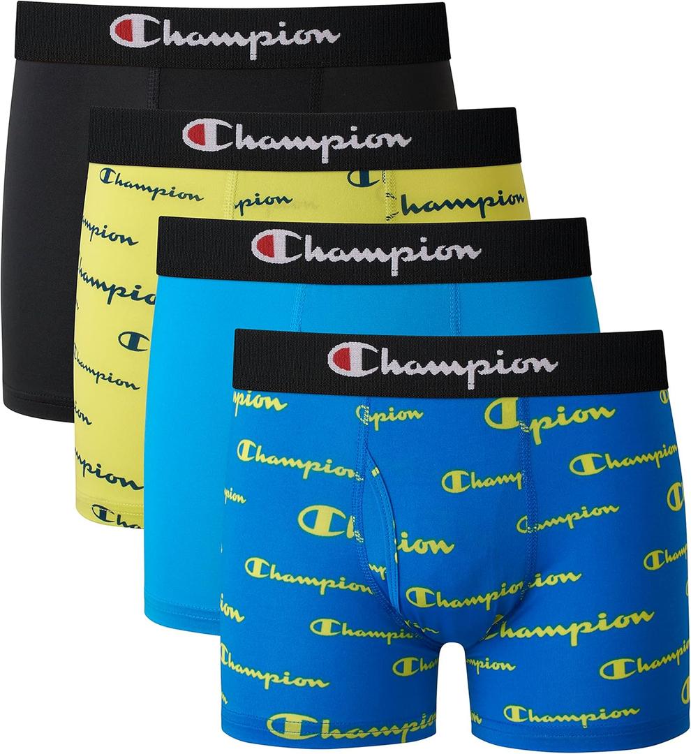 Champion Boys' Underwear, Everyday Active Stretch Boxer Briefs, Assorted 4-pack Boxer Briefs (Medium, Black/Blue/Scripts)
